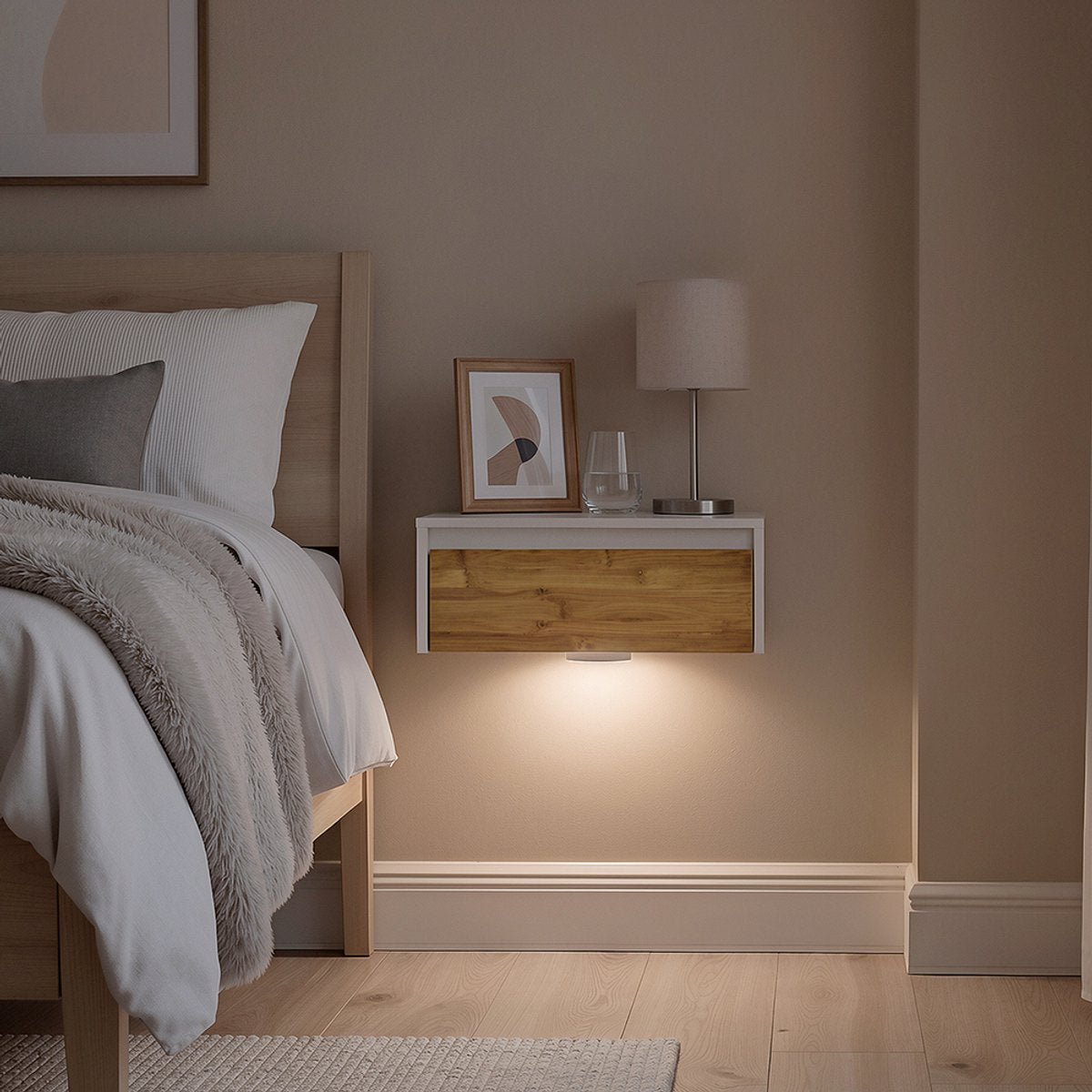 Table de chevet suspendue SoBuy avec éclairage LED - 1 tiroir - Blanc - 29 x 40 x 15 cm