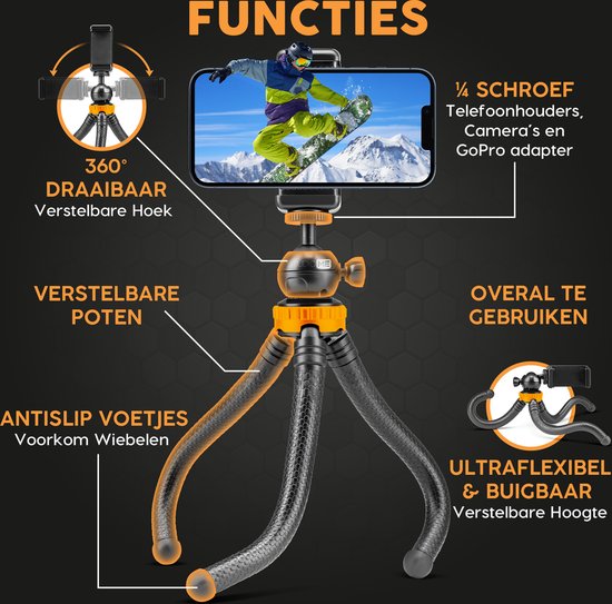Studio ME Phone Tripod - 25 cm - Tripod Smartphone - Flexible - Camera Tripod - Black - Gorillapod - Phone Holder - Incl. Bluetooth Remote Control - Tripod Iphone - Tripod Phone