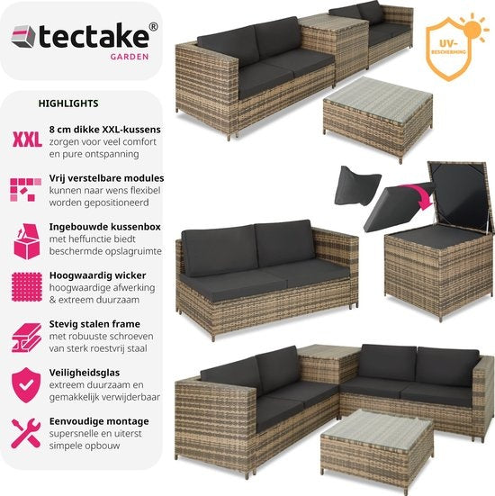 Tectake - Salon en osier Siena (4 personnes) - Modulaire, coffre de rangement, coussins extra épais, résistant aux UV et aux intempéries, structure en acier - Nature/Gris foncé
