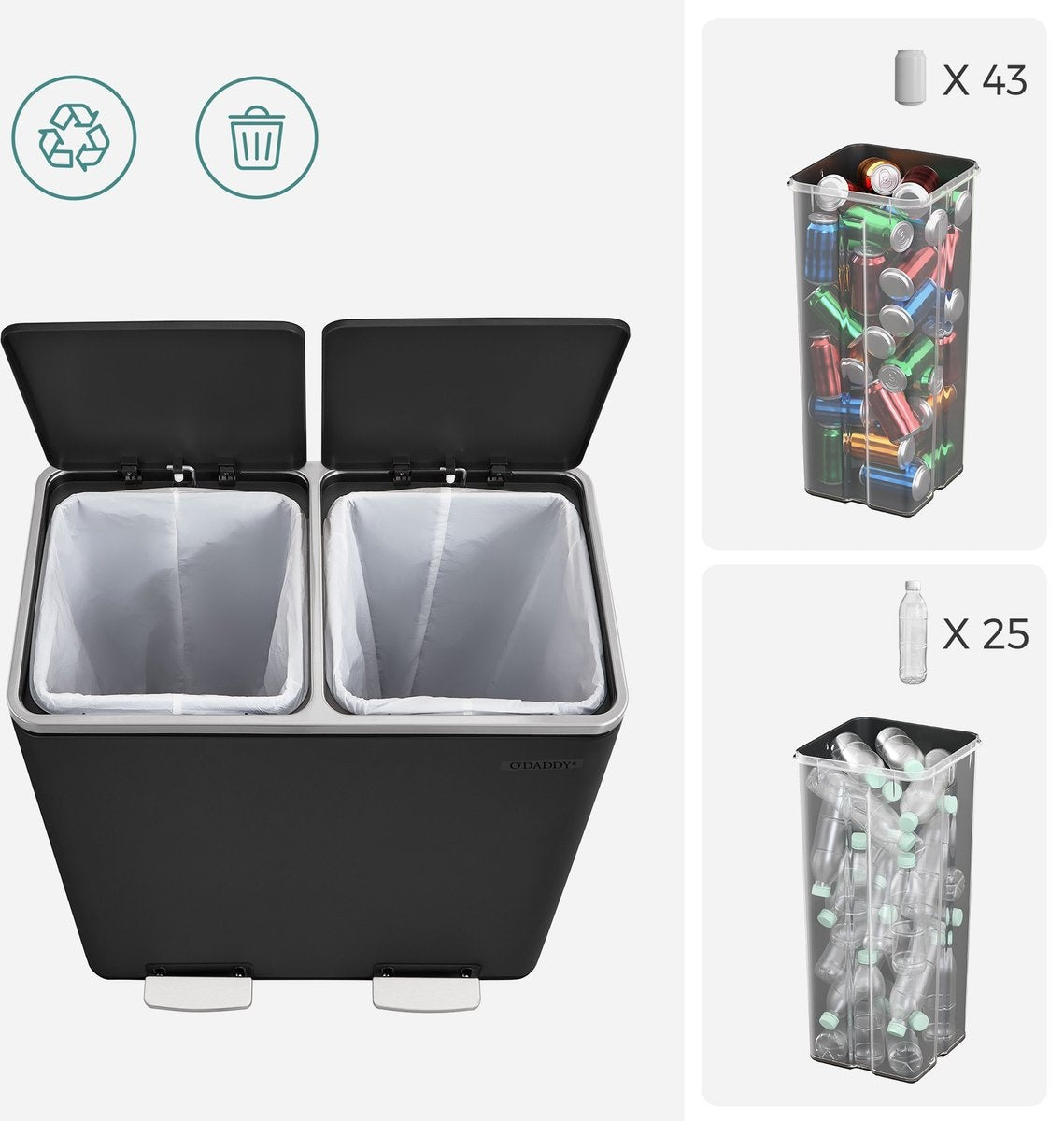 Poubelle O'DADDY® - 60L (2x 30L) - à pédale - 59 x 65 x 32 cm - Noir