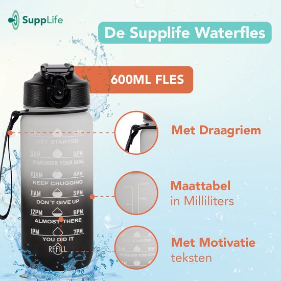 Gourde motivante Supplife - Gourde de 600 ml - Gourde avec repères horaires - Avec paille - Adultes - Enfants - Blanc et noir
