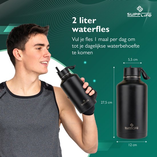Bouteille isotherme Supplife Luxe en acier inoxydable, 2 litres - double paroi isolante - sans BPA et étanche