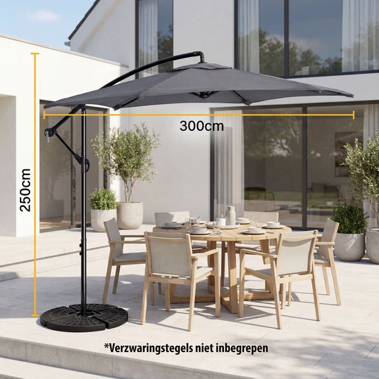 Parasol à bras articulé Tristar - 300 cm, rond - Jardin - Hauteur réglable - Pied en croix et housse de protection inclus - PA-7905 - Anthracite