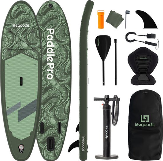 LifeGoods SUP Board All-round Compact - avec siège - capacité de charge de 100 KG - 300 x 76 cm - gonflable - SUP Package complet - Vert/Léger Vert