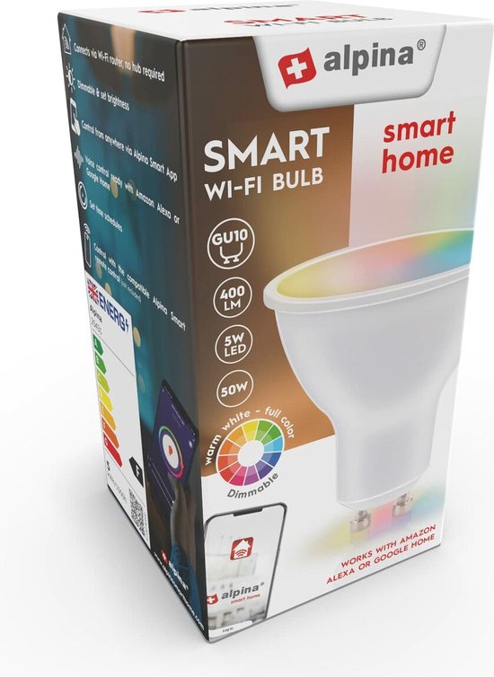 alpina Smart Home RGB Lamp - GU10 - 5W - WW + RGB - Smart Lighting - LED - App Control - Voice Control - Amazon Alexa - Google Home