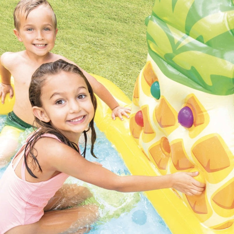 Piscine gonflable pour enfants - Avec toboggan - Fruit - 244 x 191 x 91 cm + carreaux en mousse bleue pour piscine 9 pièces