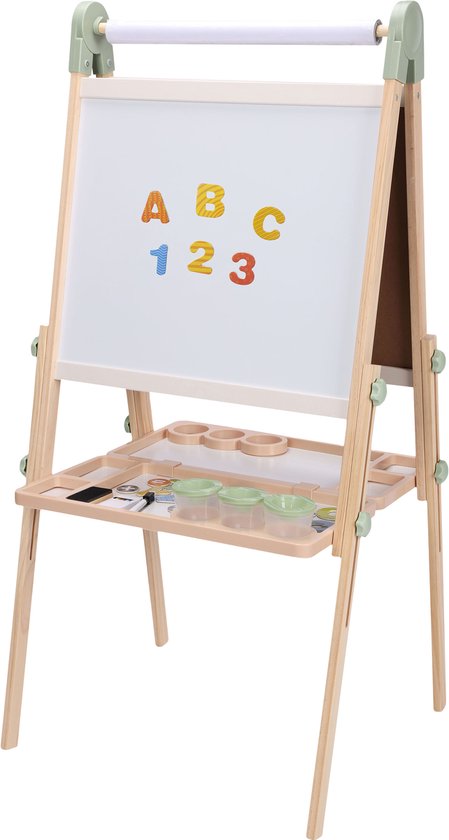 Sunny Luna Activités – Chevalet réglable en bois pour enfants – Chevalet de jeu avec tableau blanc et ardoise – Tableau magnétique – Rouleau de papier, gobelets et accessoires inclus – Jouet éducatif