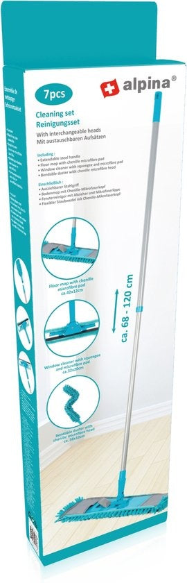 Kit de nettoyage Alpina - 7 pièces - Microfibre - Serpillère - Raclette à vitres - Racleur - Manche télescopique - Balai pliable