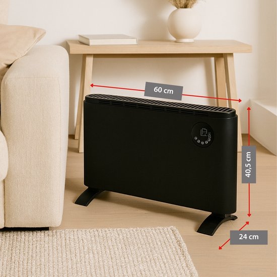 Radiateur électrique Alpina 2000 W - Radiateur électrique à convection - Radiateur avec thermostat réglable et 3 niveaux de chaleur - À poser ou à fixer au mur - Noir