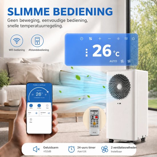 Climatiseur mobile AUX 3-en-1 7 000 BTU (jusqu'à 30 m²), classe énergétique A, Wi-Fi et télécommande, 4 modes, auto-amortissement, R290, support de fenêtre inclus