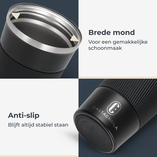 Castagnola Thermos Cup - Coffee Mug To Go - Travel Mug for Coffee and Tea - Tea Mug - 380 ML - stainless steel - Black