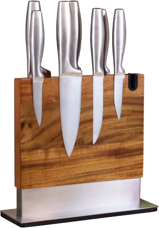Bloc à couteaux magnétique Coninx Vertico - Aimant à couteaux avec aiguiseur - Socle en acier inoxydable - Aimant double face - Bloc à couteaux sans couteaux - Acier inoxydable / Bois d'acacia