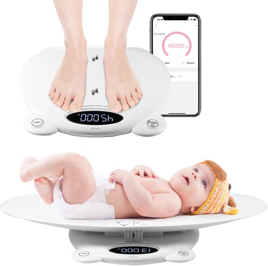 Pèse-bébé - avec plateforme de pesée - Balance numérique - avec fonction tare et application - 50g à 200KG - Blanc - par Faas