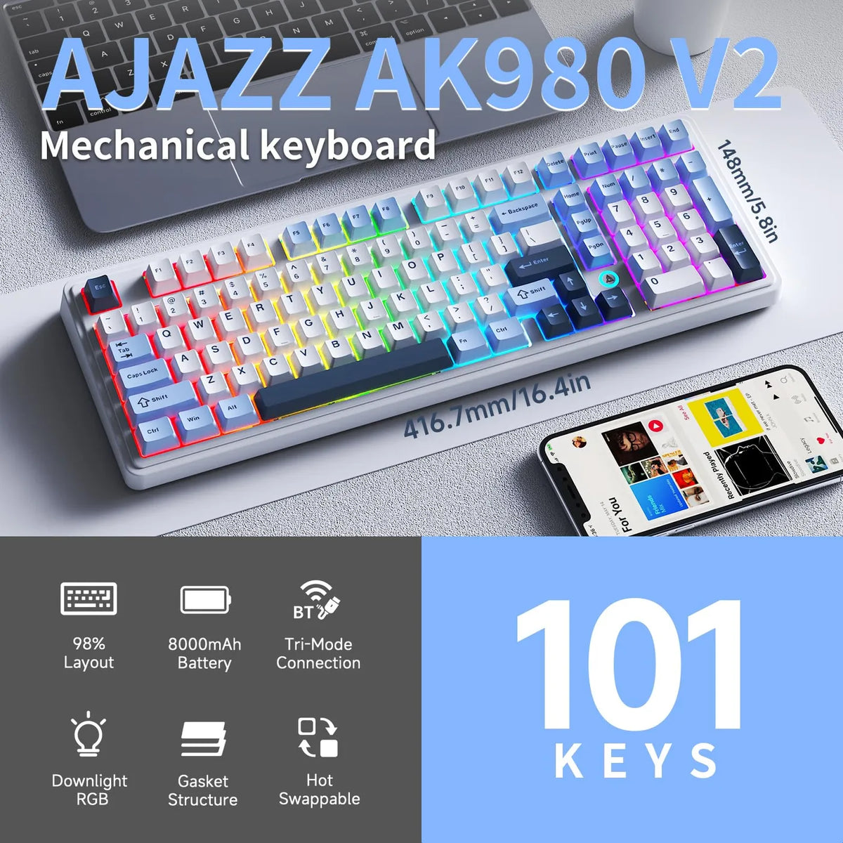 Clavier mécanique sans fil Ajazz AK980 V2 - Hot-Swap - 98 touches