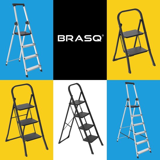 BRASQ Échelle ménagère 4 marches noire - Échelle de cuisine en métal pliable pour usage privé et professionnel - Échelle - Antidérapante