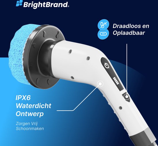Brightbrand PowerScrub Pro - Brosse de nettoyage électrique - Brosse à récurer - Pour la salle de bain et la cuisine - Nettoyeur - Brosse à récurer avec manche - Raclette - Polisseuse - Polisseuse avec 10 accessoires