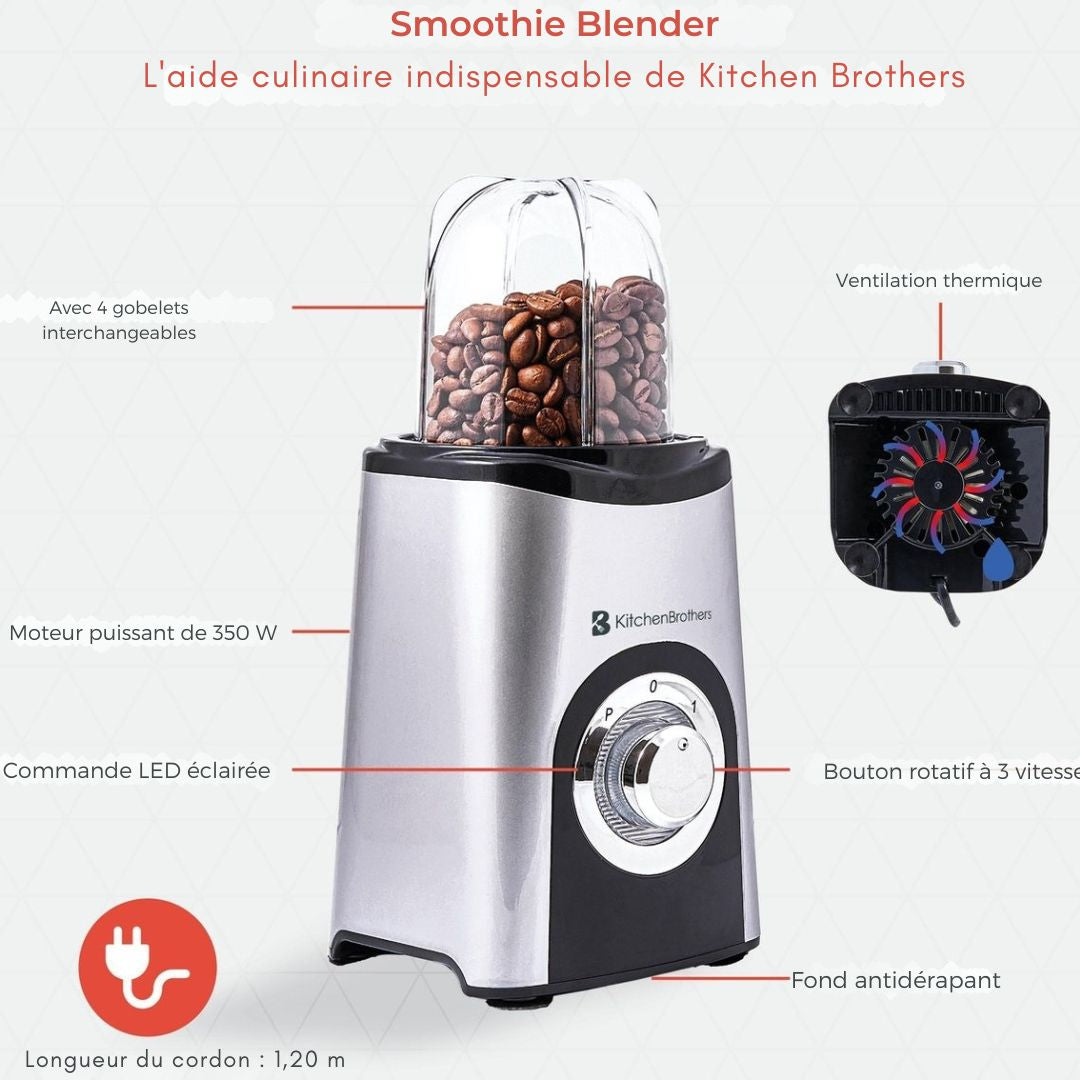 Mixeur Smoothie - KitchenBrothers - 13 Pièces - 4 Gobelets - 350W - acier inoxydable