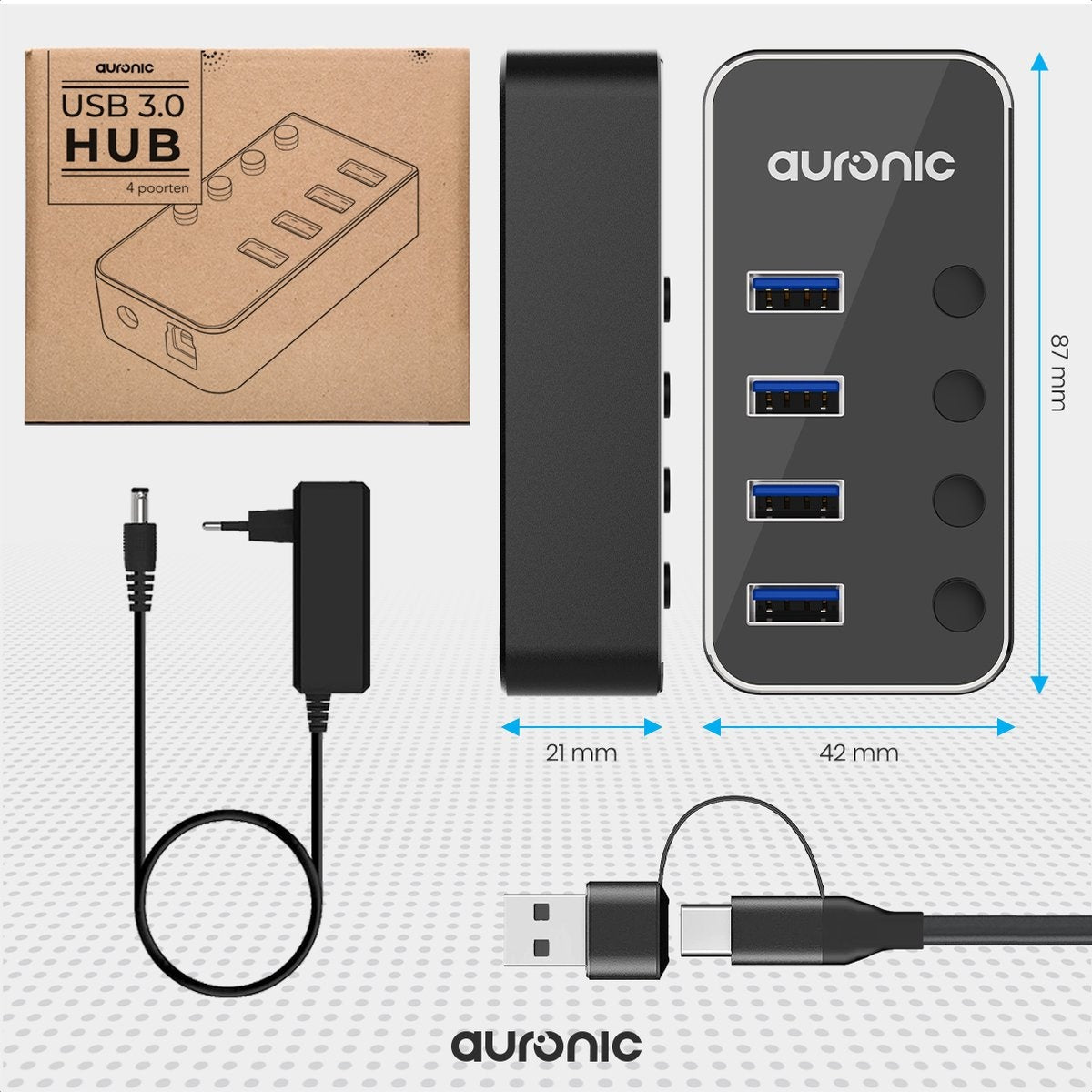 Auronic USB Hub 3.0 - Répartiteur USB avec 4 ports - avec alimentation - 5 GBP - Indication LED - Noir
