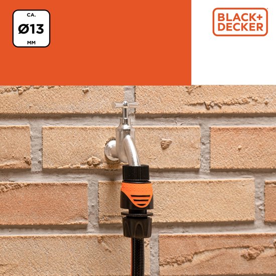 BLACK+DECKER Coupleur de tuyau d'arrosage 1/2'' - Tuyaux d'arrosage ⌀13mm - Arrêt d'eau intégré - Plastique - Noir/ Orange