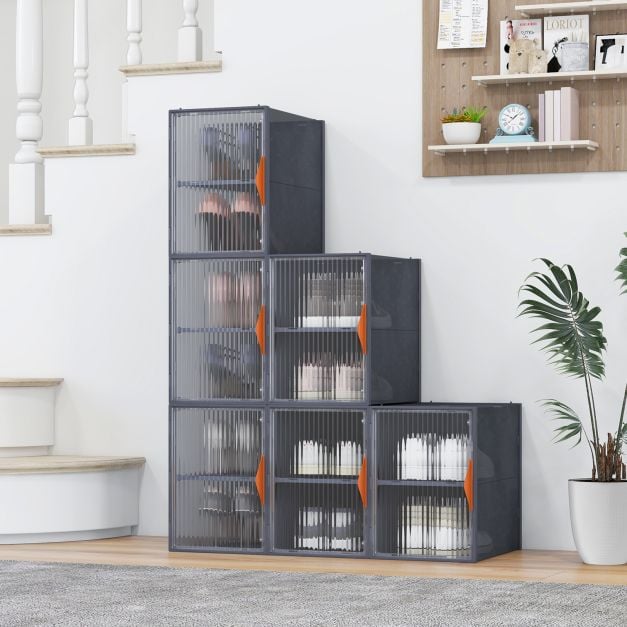 Coast Shoe Storage Box Set - Stackable & Incl. Magnetic Doors - 12 compartiments - 49 x 32 x 113 cm - Grey