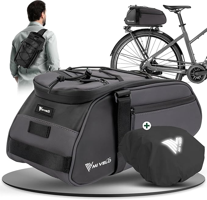 MIVELO Pannier - Sac à dos et à bandoulière 3-en-1 - Imperméable et réfléchissant - 9 litres - Gris foncé