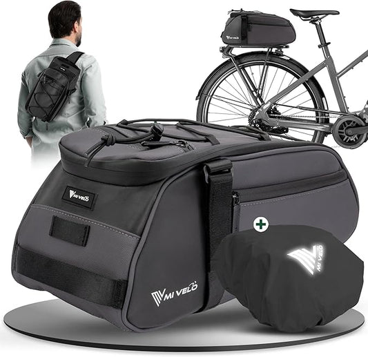 MIVELO Pannier - Sac à dos et à bandoulière 3-en-1 - Imperméable et réfléchissant - 9 litres - Gris foncé