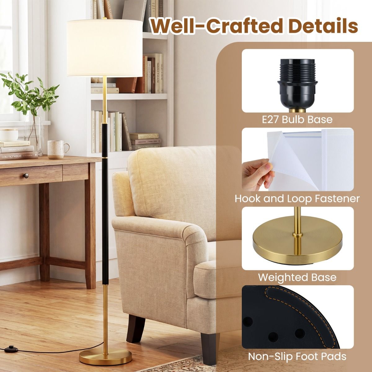 Lampe sur pied Coast - abat-jour en lin - interrupteur au pied - noir - 165 cm