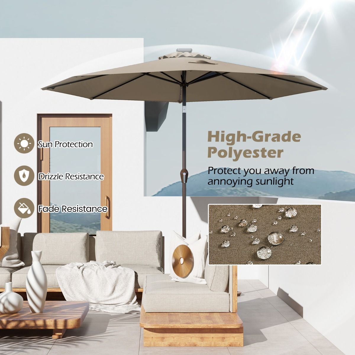 Parasol Coast avec lumières LED - Ø300cm - Marron