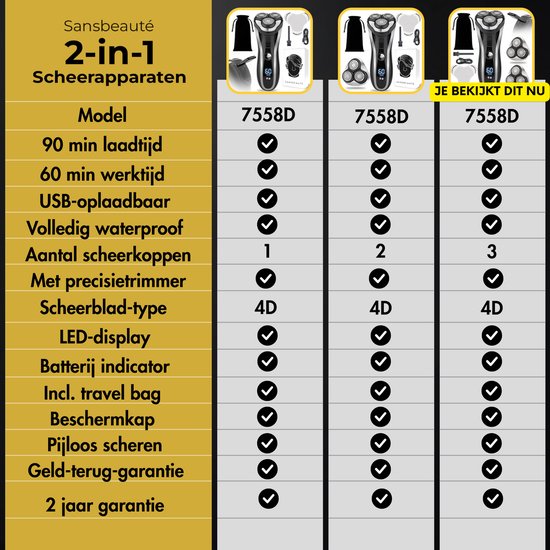 Rasoir 2-en-1 pour hommes avec tondeuse S1111 + 2 têtes de rasage supplémentaires - Sansbeauté® - Wet & Dry - Tondeuse de précision - Électrique - Rasoir électrique - Résistant à l'eau