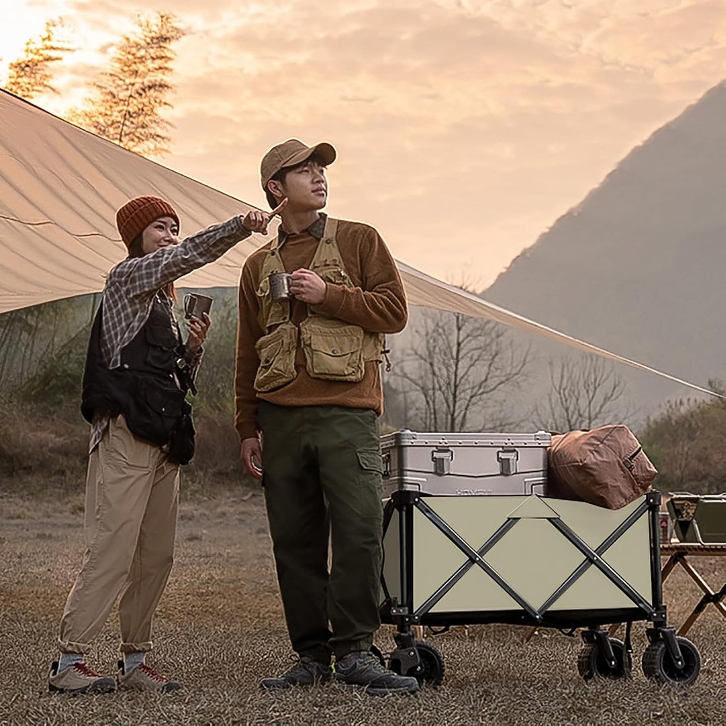 Chariot pliable beige 150 L - 150 kg - Roues tout-terrain - Poignée réglable