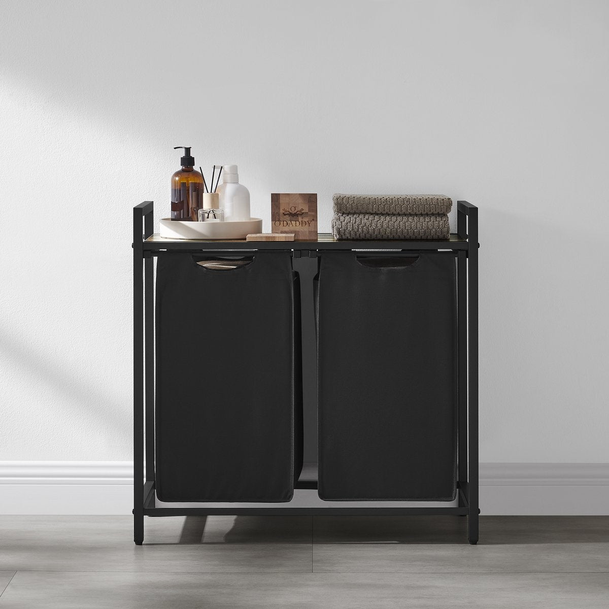 O'DADDY® Panier à linge 2 compartiments - trieur de linge extensible avec étagère - 73 x 33 x 72 cm - métal - noir avec marron