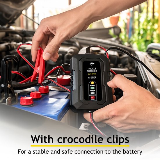 Chargeur à goutte-à-goutte Dunlop 6/12 V 1 A – Chargeur de voiture avec cycle de charge en 6 étapes – pour scooters et motos – Protection contre les courts-circuits – Chargeur d'entretien pour batteries au plomb et au gel – Noir