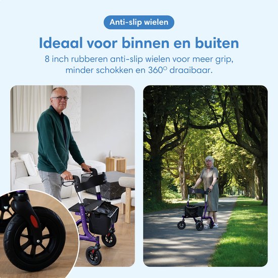 Rollator Safe Age® léger et pliable - Roues en caoutchouc - Siège intégré - Pour l'intérieur et l'extérieur - Dossier et support pour canne - Violet