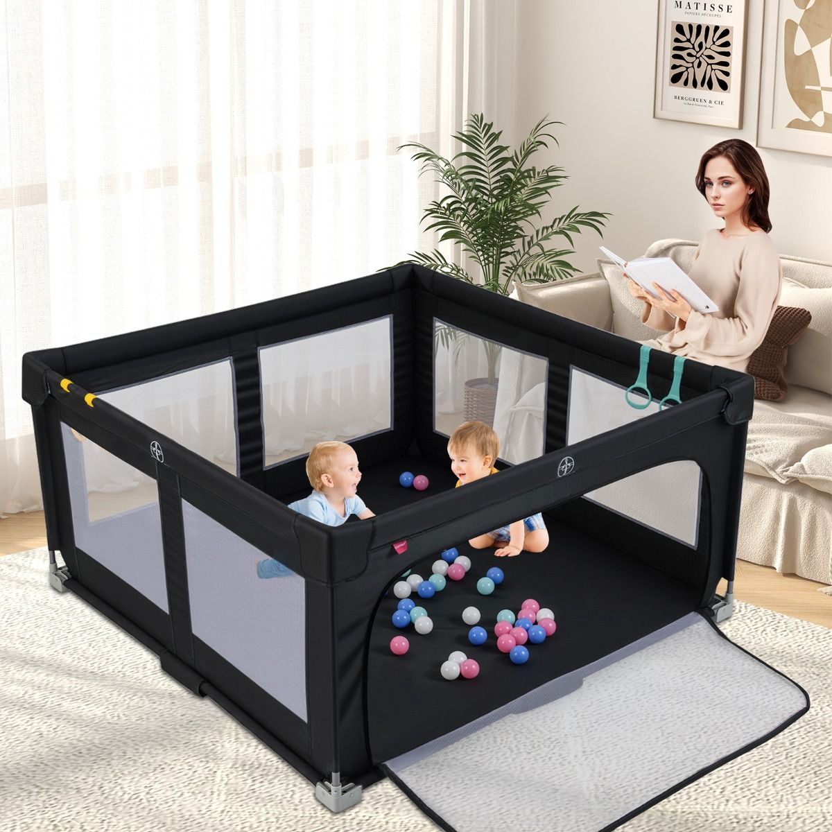 marcheur bébé côte 150 x 150 cm - Jouet pliable avec 50 balles, 4 poignées et une porte à fermeture éclair - Noir