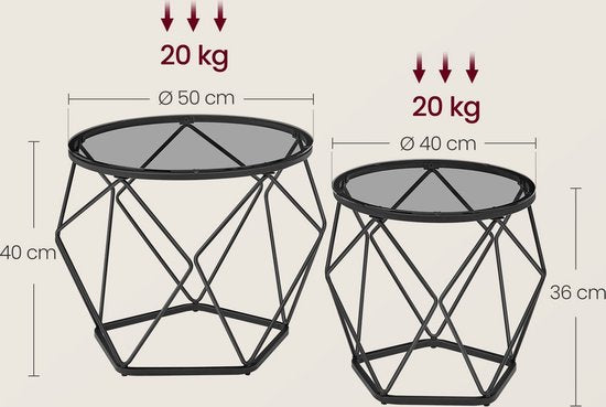 Set de 2 tables d'appoint - tables d'appoint - verre trempé - acier - léger - montage facile - design moderne - 50 cm x 40 cm x 40 cm et 40 cm x 36 cm x 36 cm