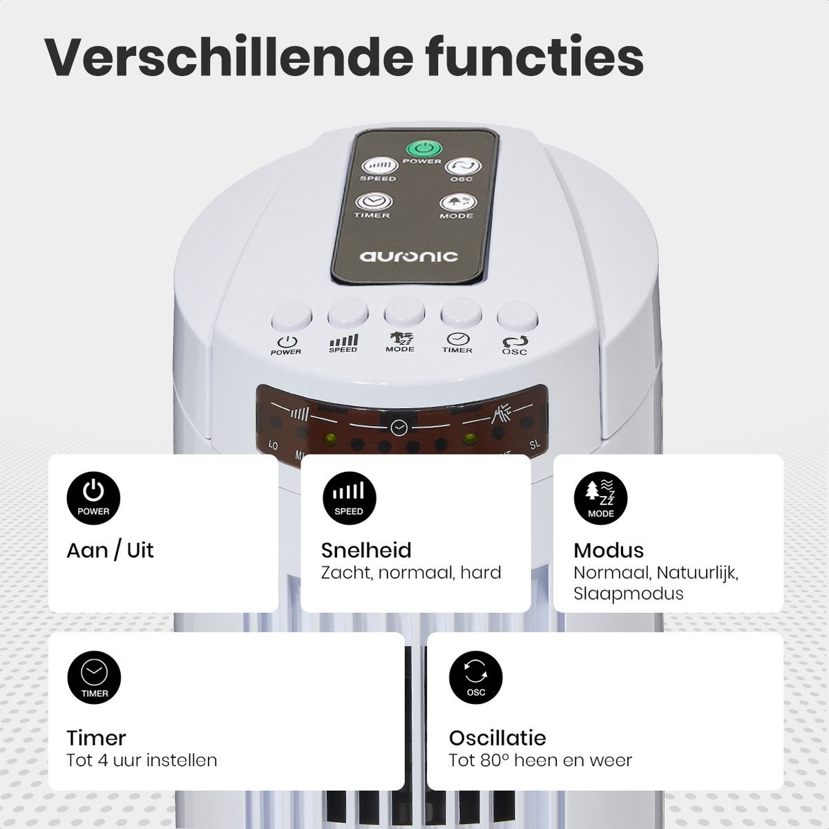 Auronic Tower Fan - Ventilateur sur pied télécommandé - Minuterie - 50W - 45dB - 74cm - Blanc