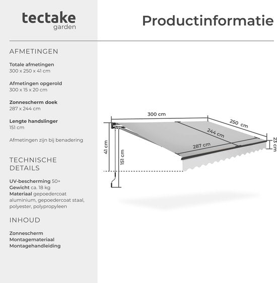 tectake® Sunshade with Articulated Arm - 300 x 250 cm - Store - Protection solaire pour fenêtre, balcon, extérieur - Fixation murale - Résistant à l'eau et aux UV - Gris clair