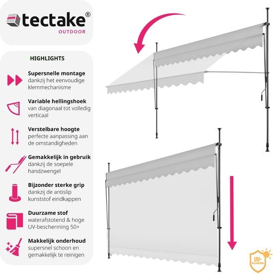 tectake - store à pinces - Auvent - marquise - réglable - store à pinces - store de balcon - 400 x 180 cm - gris clair - store - 404970