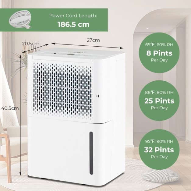 Déshumidificateur Coast - Jusqu'à 15 m² - 240V - 42 dB - Réservoir 2.2L - 27 x 20.5 x 40.5 cm - Blanc