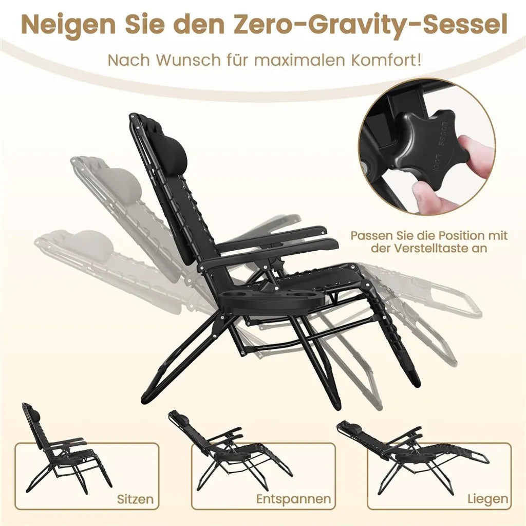 Chaise longue Yaheetech Zero Gravity 166 x 64 x 70 cm - Toit pare-soleil - Coussin pour la nuque/porte-gobelet - Noir