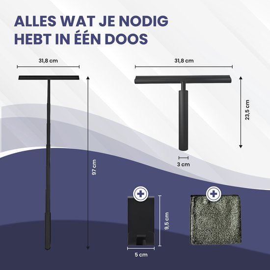 TTD® Essuyeur de douche 2-en-1 avec long manche extensible - 97 cm - Lame d'essuyage en silicone - Ergonomique - Avec chiffon en microfibre et crochet de suspension - Essuyeur de douche - Essuyeur de sol de salle de bains - Raclette de sol - Noir