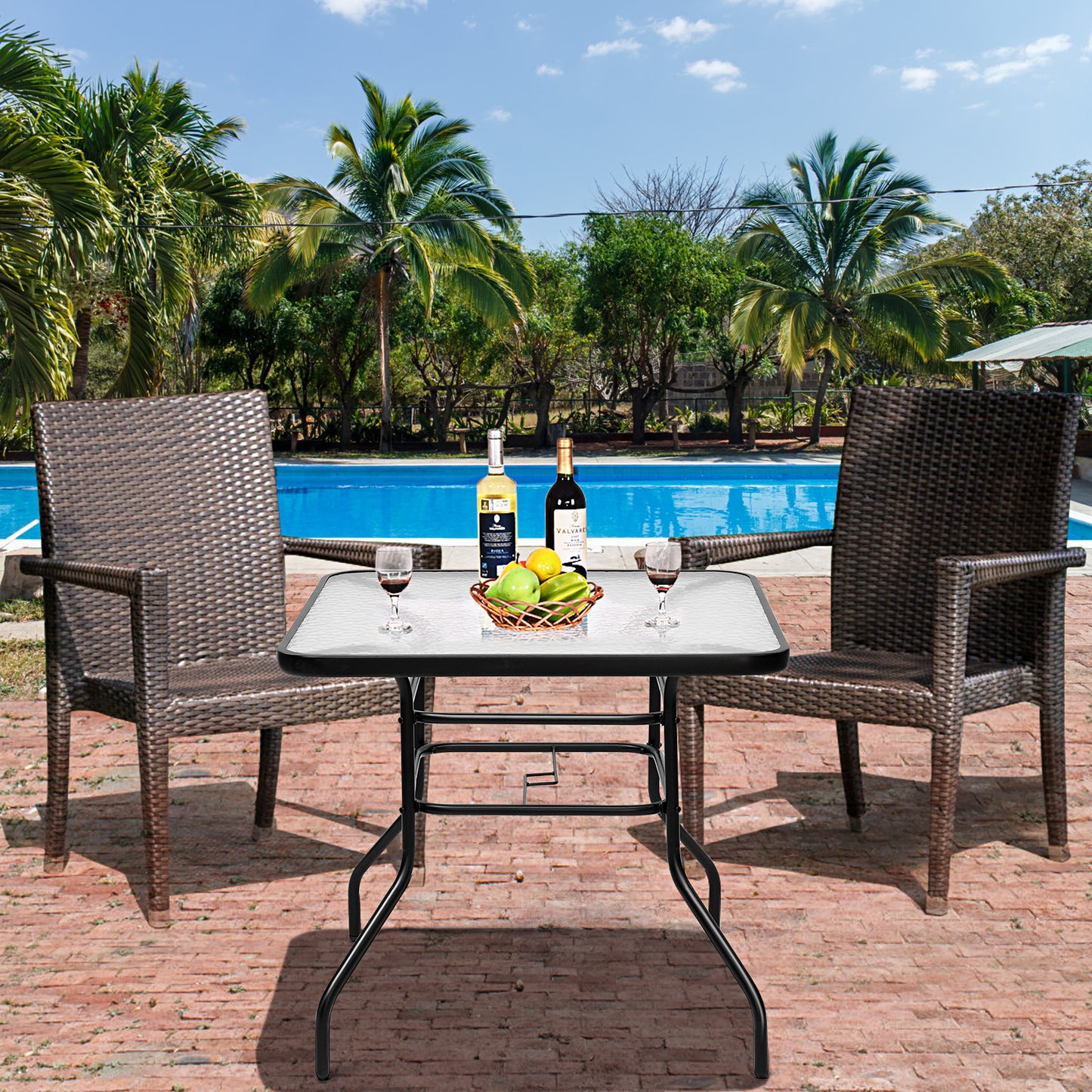 Table de terrasse rectangulaire Coast avec trou pour parasol - Verre trempé - 81 x 81 x 71 cm - Noir