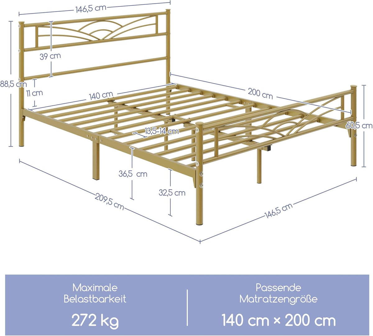 Yaheetech : cadre de lit en métal 140 x 200 cm – Or antique – Lit moderne pour enfant avec sommier à lattes et grand espace de rangement