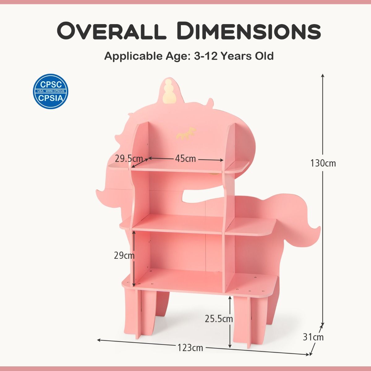 Coast Children's Rack - 123×31×130 cm - Rack à jouets en bois avec 3 étagères ouvertes - Rose