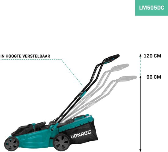 Tondeuse VONROC Accu - 40V - Largeur de coupe 38 cm - Quatre hauteurs de coupe réglables : 35/45/55/65 mm - Bac de ramassage 45L inclus - Batteries et chargeur rapide inclus.