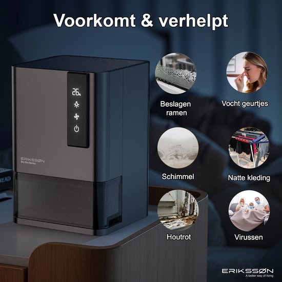 Déshumidificateur Erikssøn Dry Pro Series - Déshumidifie jusqu'à 1,2 litre par jour - Convient à la maison, à la chambre à coucher, à la salle de bain, au salon et au sous-sol - Déshumidificateur - Noir