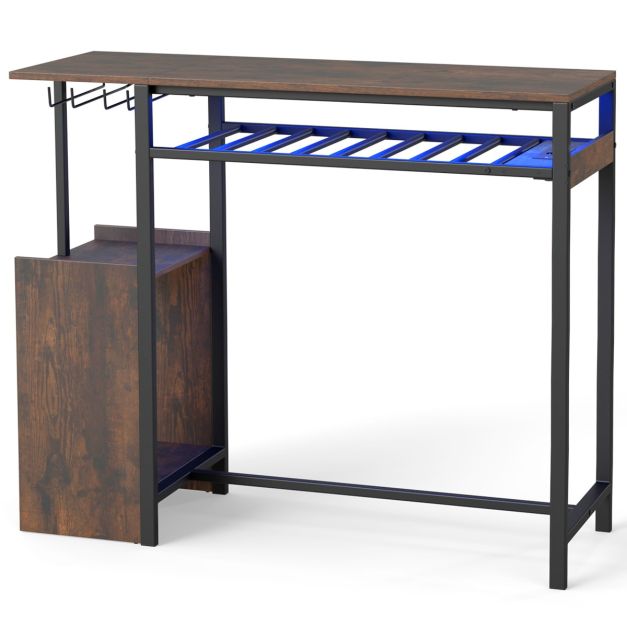Table de bar Coast avec éclairage RGB et station de recharge – Table haute avec porte-bouteilles, porte-verres et compartiments de rangement – Marron/Noir – 110 cm