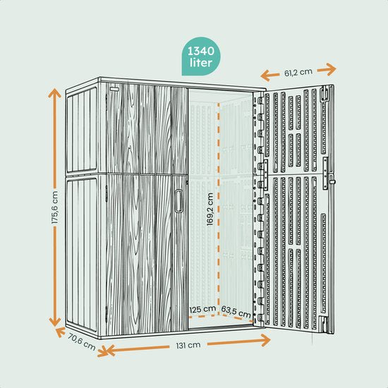 LifeGoods Garden Cabinet Vertical - 1340L - Armoire de rangement - Résistant à l'eau et aux UV - Coffre de jardin - Noir