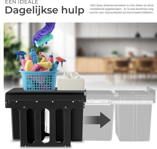 tectake® Collecteur de déchets - Poubelle encastrée - Séparation multiple des déchets - Solution de rangement efficace pour la cuisine et le bureau - Poubelle triple avec rails télescopiques - 2x 8L + 1x 15L