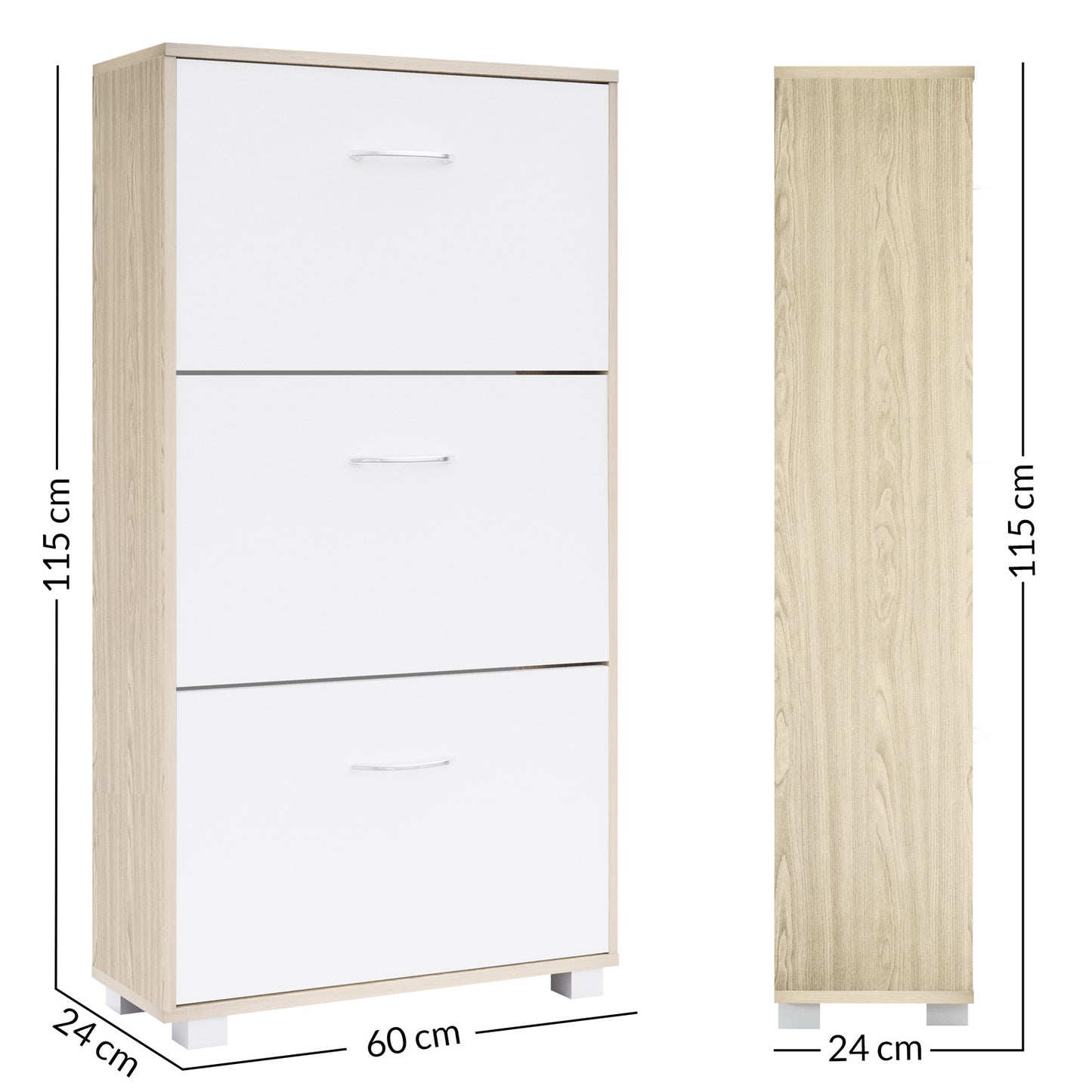 Armoire à chaussures - 3 volets - 115x60x24cm - 18 paires de chaussures - Chêne/Blanc